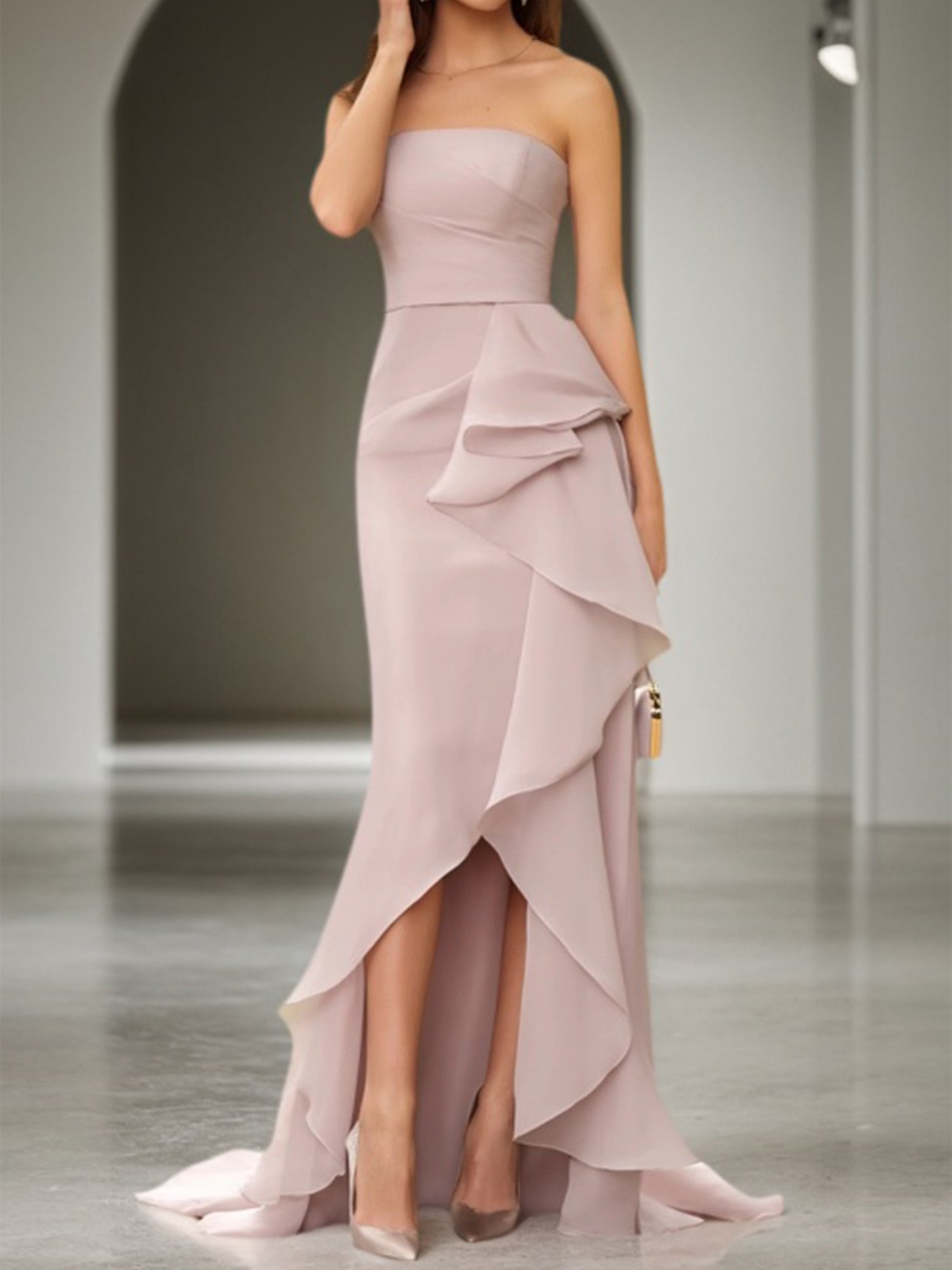 Formal Wedding Guest Dress Grey Strapless Sleeveless Maxi Dress