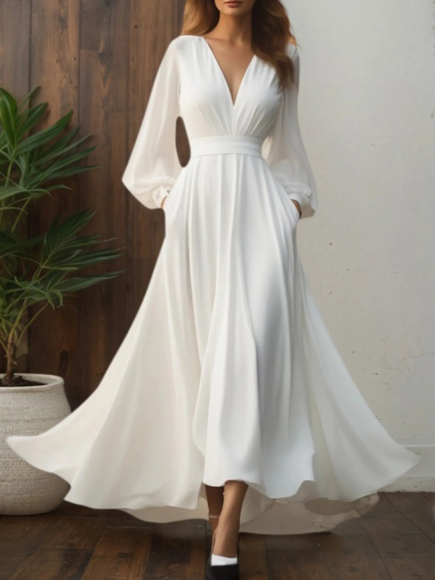 Formal Swing Evening Dress White V Neck Maxi Dress