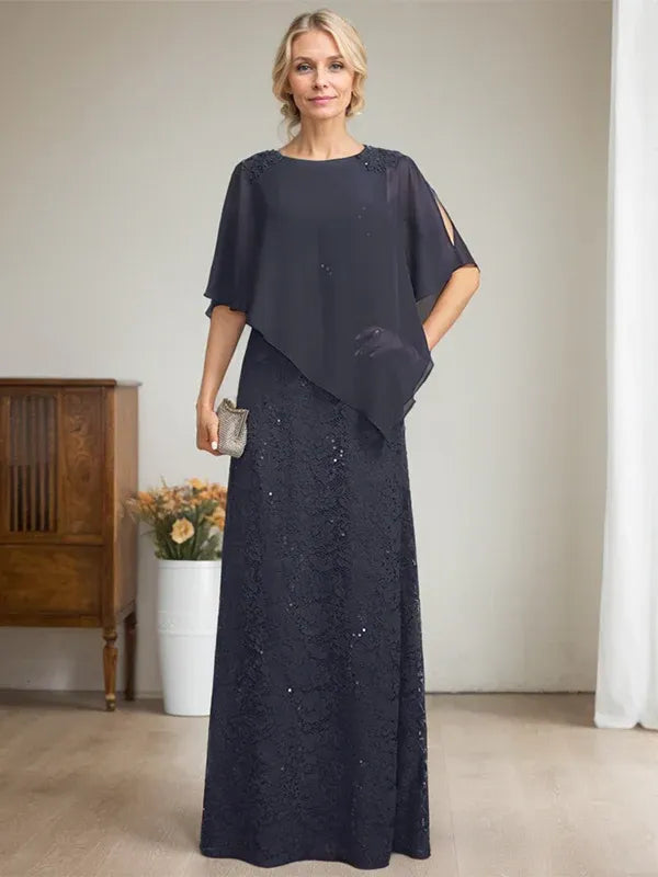 Column Scoop Floor-Length Chiffon Lace Mother of the Bride Dress With Sequins Beading