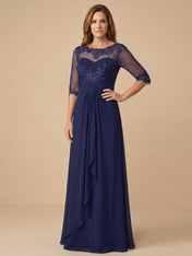 Half Sleeves Lace Applique Scoop Neck Chiffon Mother of the Bride Dress