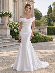 Off-the-Shoulder Draped Satin Mermaid Wedding Dress with Button Details