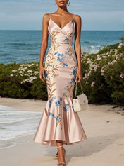 Pink Floral Satin Spaghetti Gallus Mermaid Midi Dress