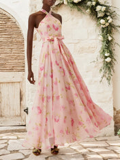 Pink Floral Chiffon Halter Sleeveless A-Line Maxi Dress