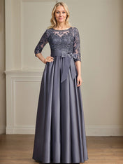 A-line Scoop Illusion Floor-Length Satin Lace Mother of the Bride Dress With Sequins Bow