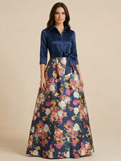 Navy Blue Shirt Collar Satin Top Floral Maxi Dress with Bow Waist
