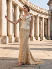 Draped Cowl Neck Feather Embellished Champagne Column Evening Dress