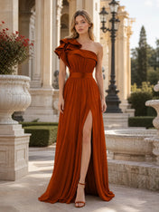 One-Shoulder Ruffled High-Slit Rust Orange Evening Dress