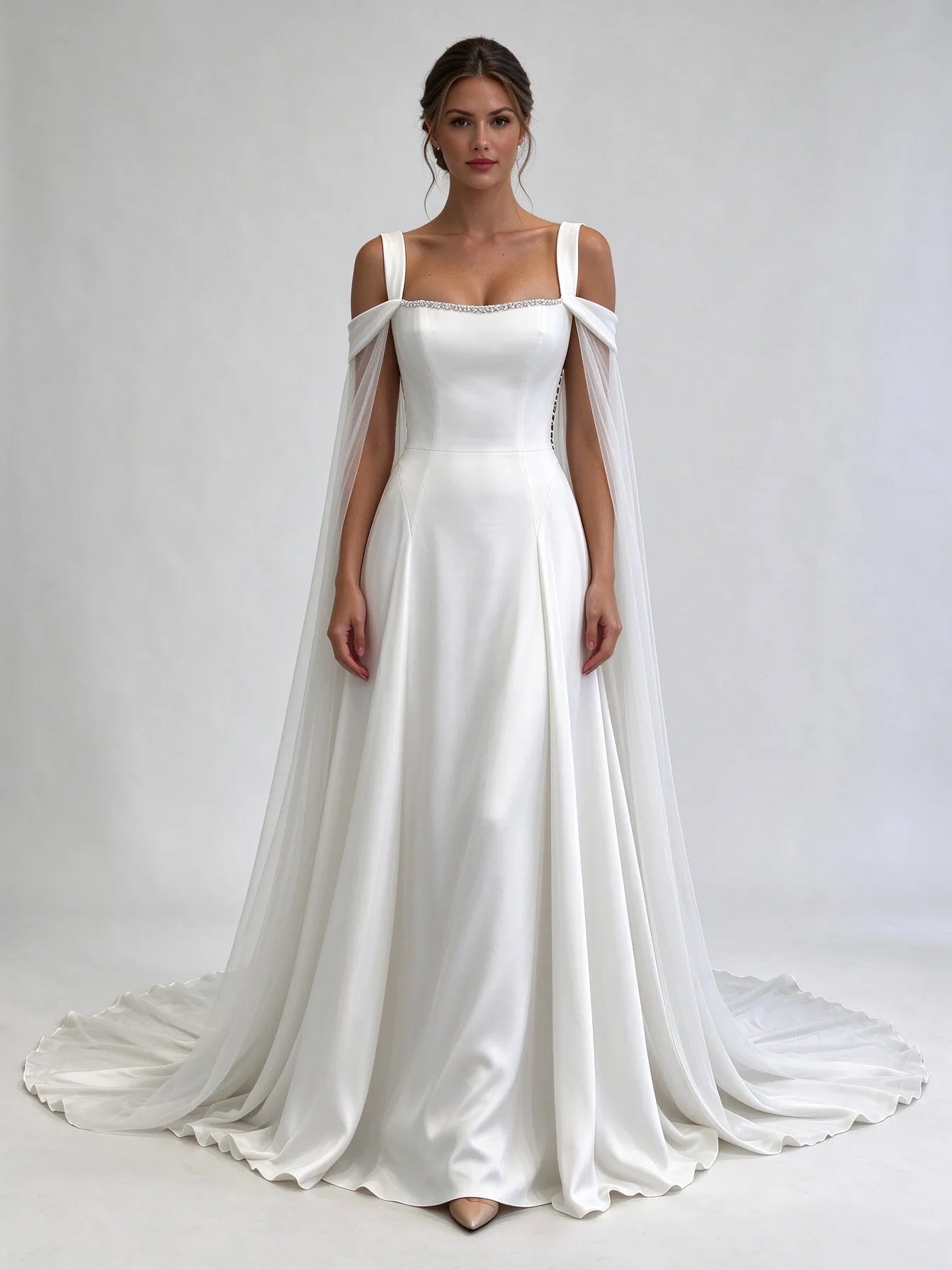 Wide Strap Cold Shoulder Satin A-Line Wedding Dress
