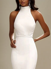 Semi-Formal Party Dress White Halter Neck Tea Length Dress