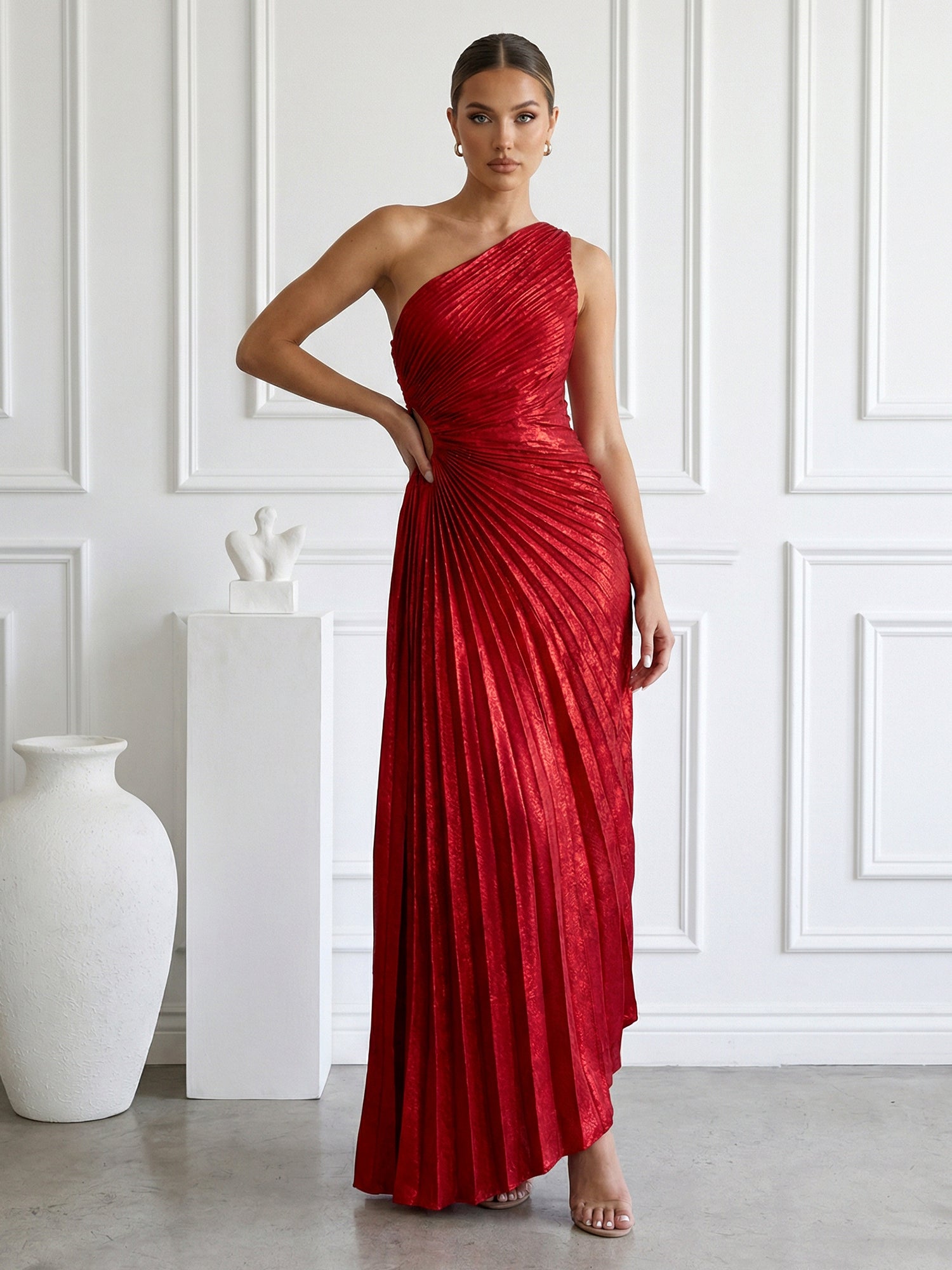Burgundy One Shoulder Mermaid Maxi Dress Prom Dress with Pleat
