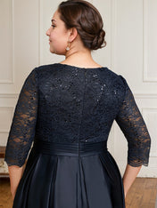 A-line V-Neck Floor-Length Satin Lace Mother of the Bride Dress With Sequins Bow