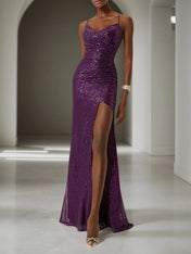 Purple Ruched Slit Sequin Spaghetti Gallus Sheath Gown Dress