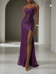 Purple Ruched Slit Sequin Spaghetti Gallus Sheath Gown Dress