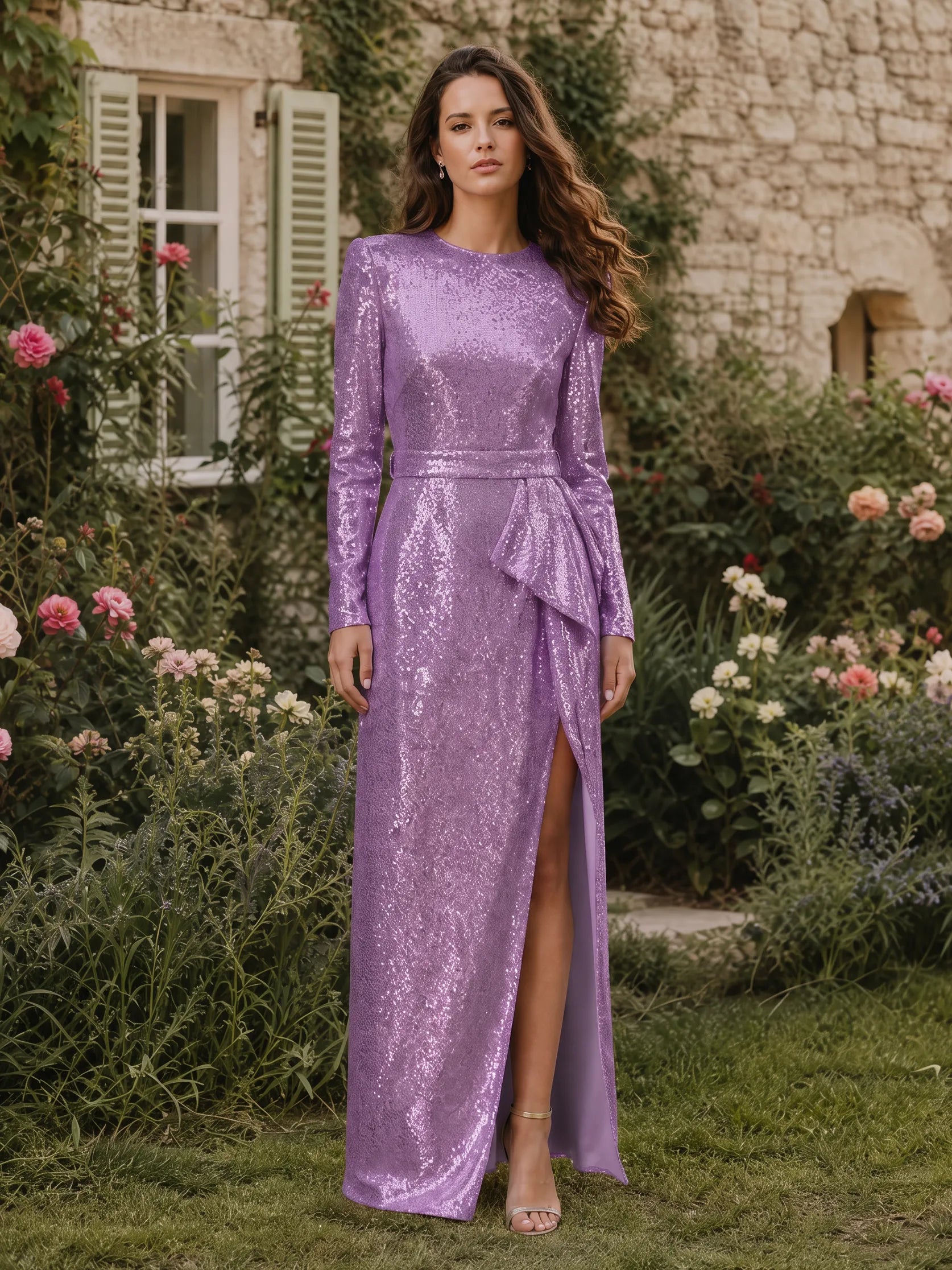 Crew Neck Long Sleeve Sequin Evening Dress