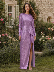 Crew Neck Long Sleeve Sequin Evening Dress