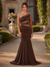 Elegant Dark Brown One-Shoulder Beaded Mermaid Evening Dress