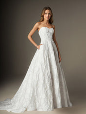 White A Line Strapless Floral Burnout Jacquard Wedding Dress