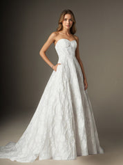 White A Line Strapless Floral Burnout Jacquard Wedding Dress