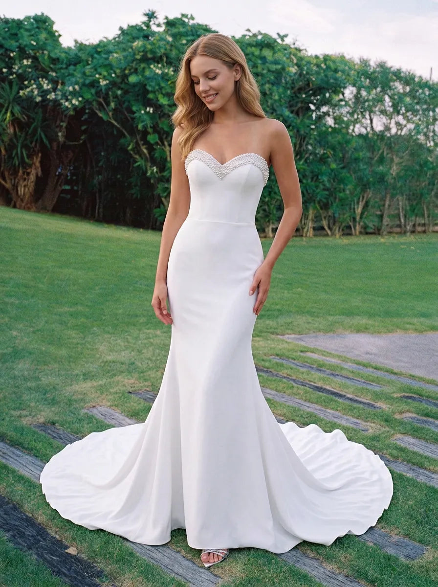 Strapless Sweetheart Beaded Mermaid Satin Wedding Dress