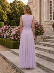 Boat-Neck Ruched Waist Tulle A-Line Evening Dress