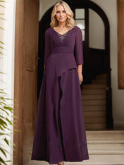 A-line V-Neck Floor-Length Chiffon Mother of the Bride Dress With Pleated Beading
