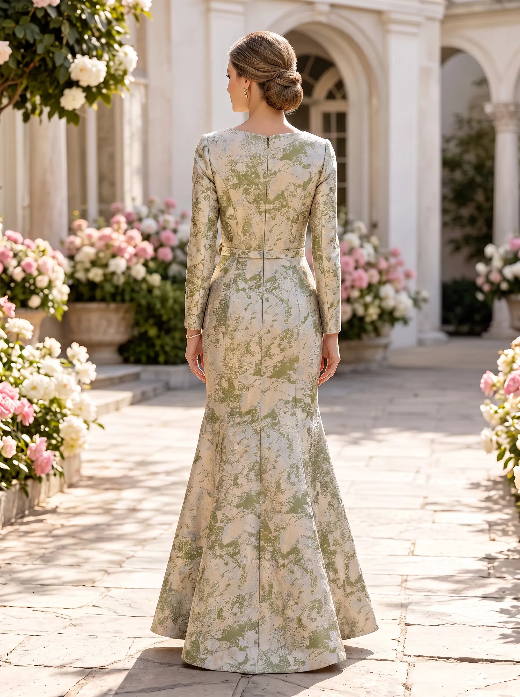 V-Neck Long-Sleeve Brocade Mermaid Evening Dress with Draped Waist and Floral Accent