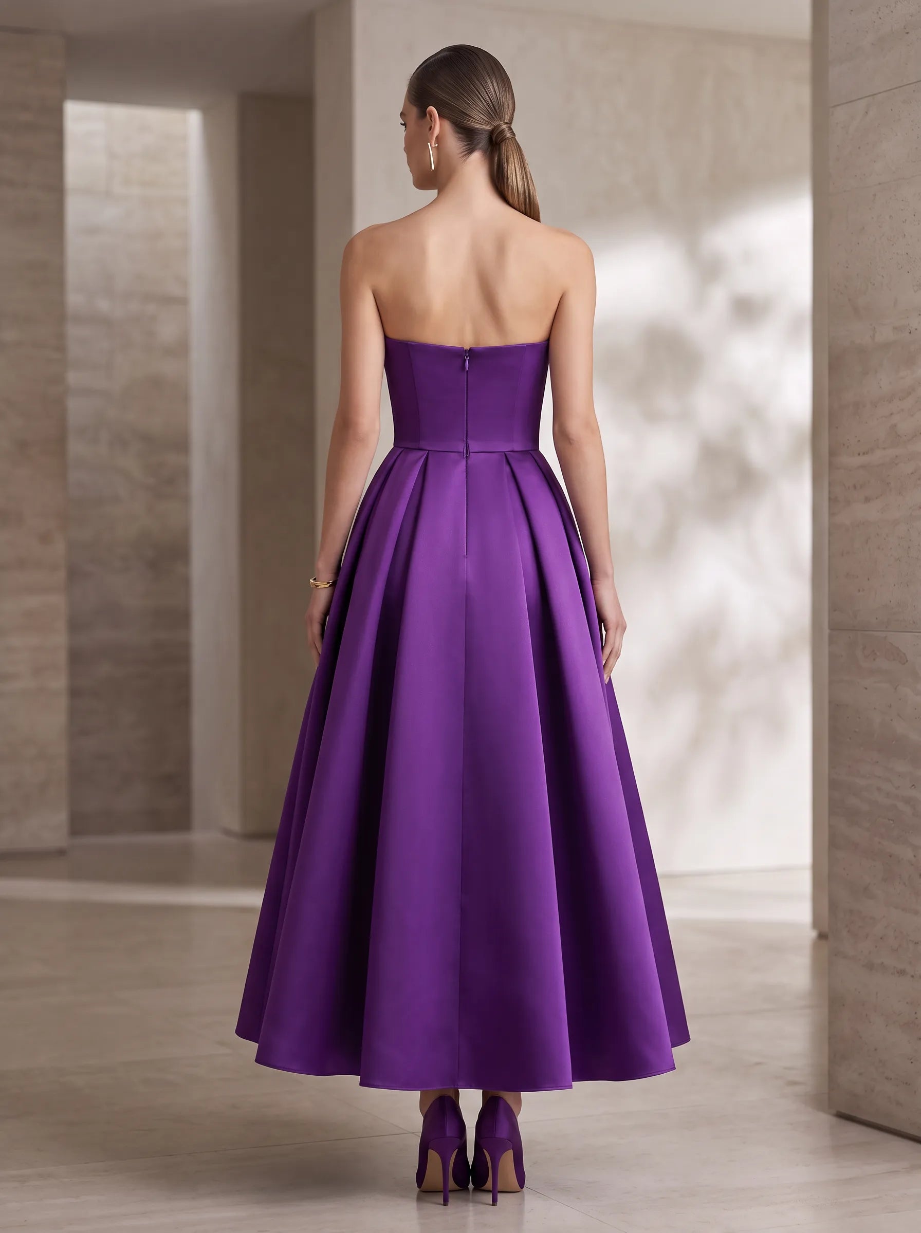 Strapless Pleated Asymmetric-Fold Bodice Midi A-Line Cocktail Dress with Pockets
