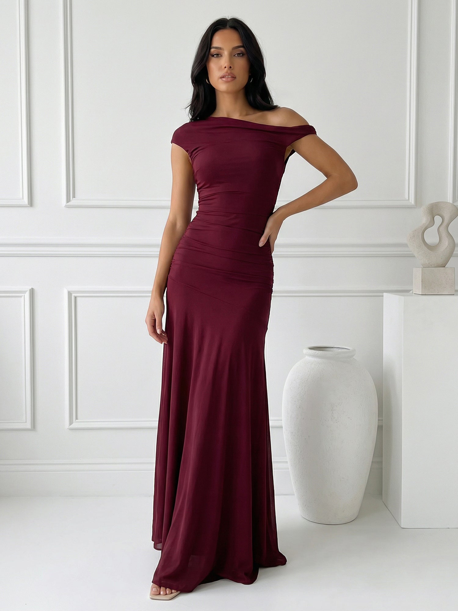 Burgundy One Shoulder Mermaid Maxi Dress with Pleat