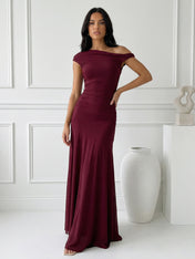 Burgundy One Shoulder Mermaid Maxi Dress with Pleat