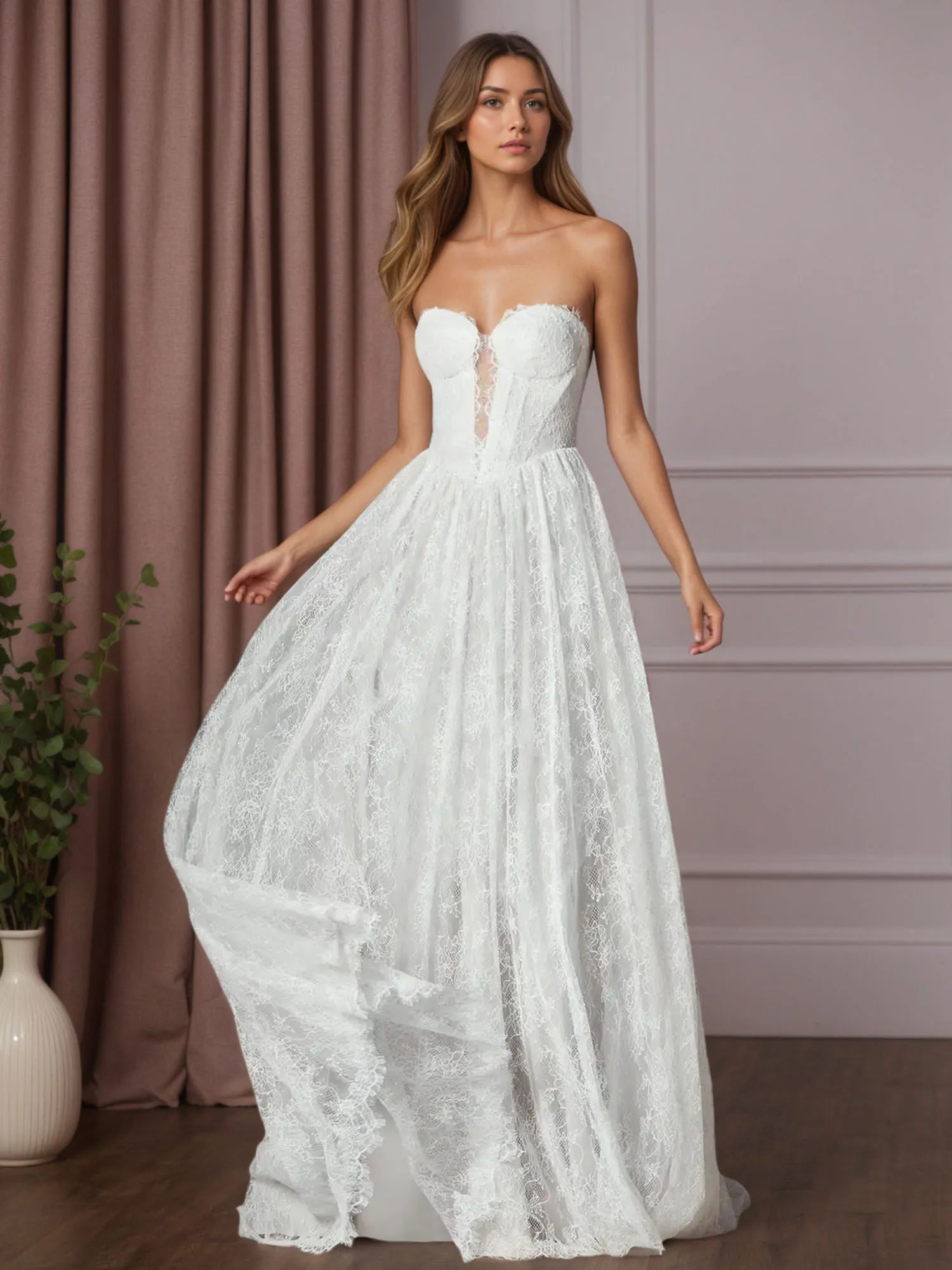 White A-Line Sweetheart Sleeveless Lace Wedding Dress