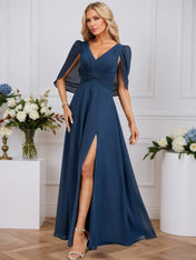A-line V-Neck Floor-Length Chiffon Evening Dress With Cape Pleated