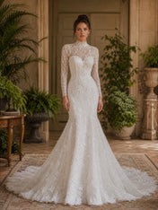Pure White High-Neck Long-Sleeve Lace Mermaid Wedding Dress