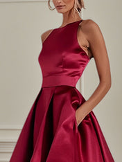 Party Cocktail Dress Wine Red Round Neck Asymmetrical Length Dress
