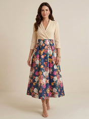 Champagne A-Line V Neck Satin Two-piece Print Floral Mother of the Brides dress