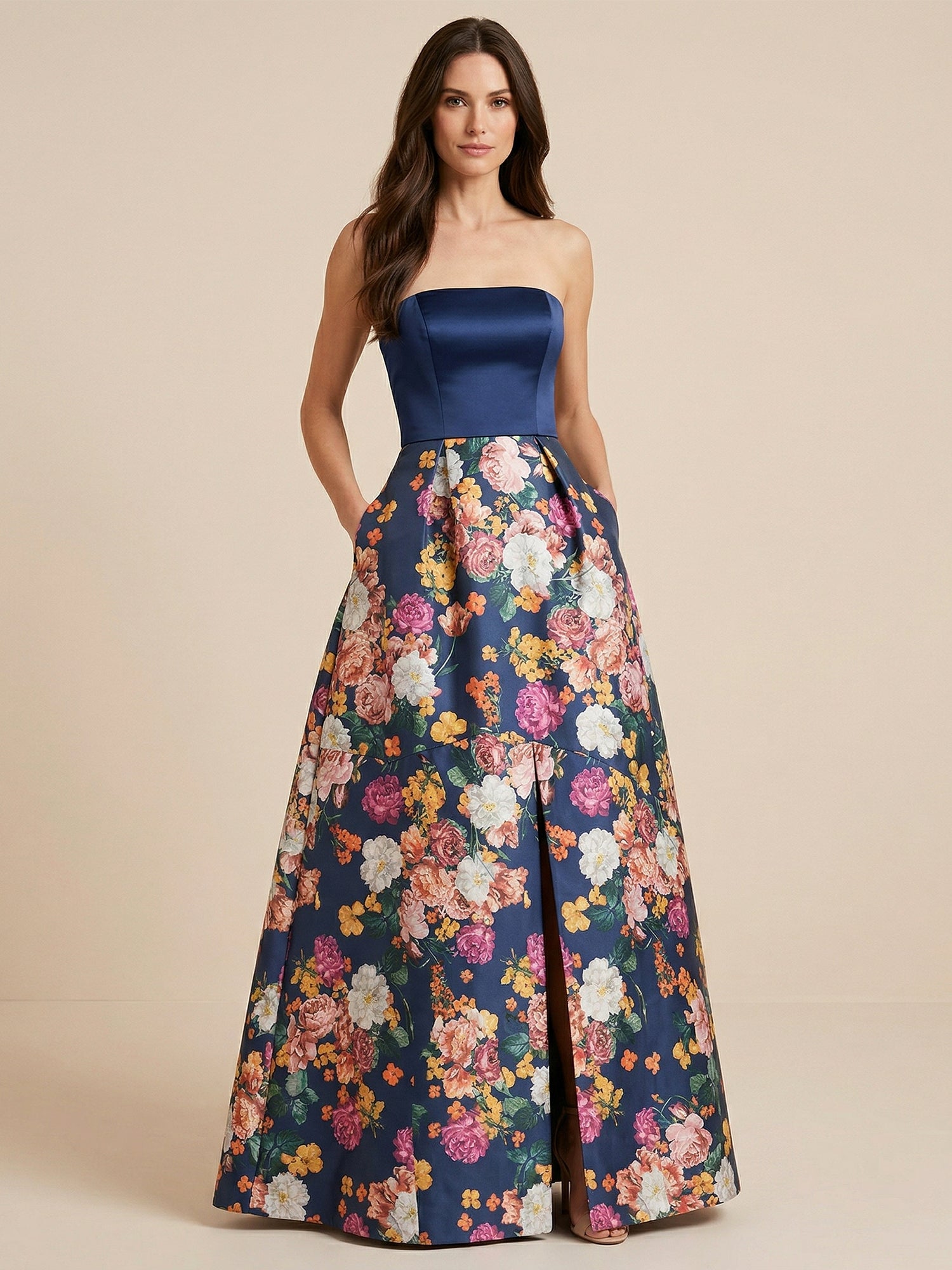 Navy Blue Half Strapless Print Floral Satin Mother of the Brides dress