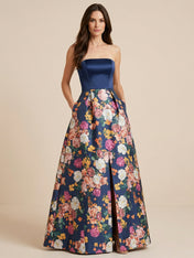 Navy Blue Half Strapless Print Floral Satin Mother of the Brides dress