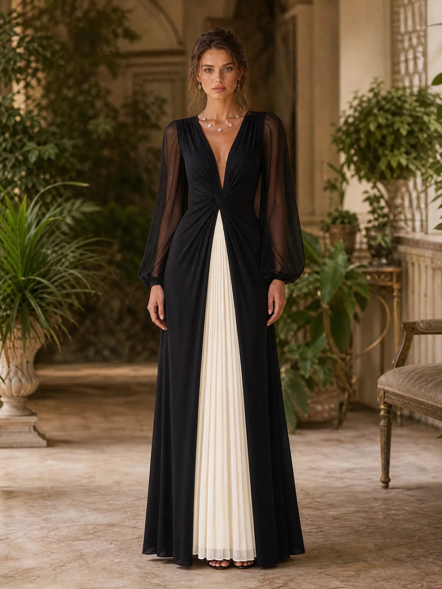 Black and Ivory V-Neck Long-Sleeve Color-Block Evening Dress