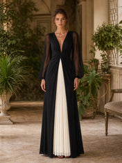 Black and Ivory V-Neck Long-Sleeve Color-Block Evening Dress