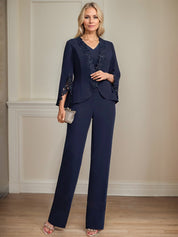 Separates Jumpsuit/Pantsuit V-Neck Floor-Length Chiffon Mother of the Bride Dress