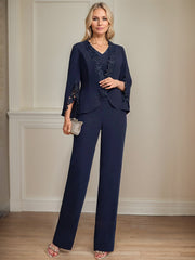 Separates Jumpsuit/Pantsuit V-Neck Floor-Length Chiffon Mother of the Bride Dress