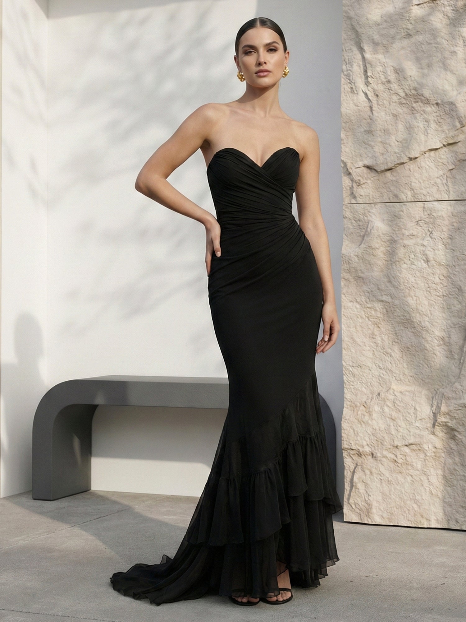 Black Sweetheart Tiered Mermaid Chiffon Evening Dress with Pleat