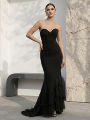 Black Sweetheart Tiered Mermaid Chiffon Evening Dress with Pleat