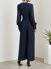Dark Blue Mesh V Neck Balloon Sleeve Chiffon Wide-Leg Jumpsuit