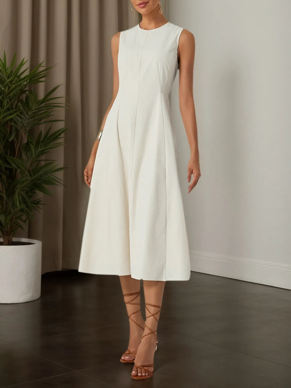 Apricot Lyocell Cotton Crew Neck Sleeveless A-Line Midi Dress