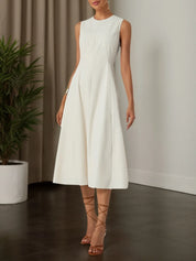 Apricot Lyocell Cotton Crew Neck Sleeveless A-Line Midi Dress