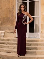Burgundy One-Shoulder Long-Sleeve Crepe Evening Dress with Crystal Applique