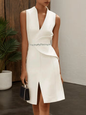 White V Neck Sleeveless Rhinestone A-Line Midi Dress