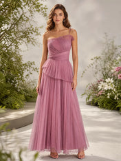 Dusty Rose Pleated One-Shoulder A-Line Evening Dress