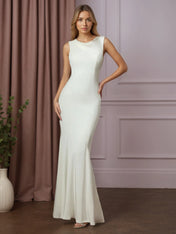 White Mermaid Boat Neckline Stretch Crepe Wedding Dress