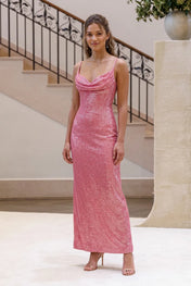 Pink Sequin Cowl Neck Spaghetti Strap Column Evening Dress